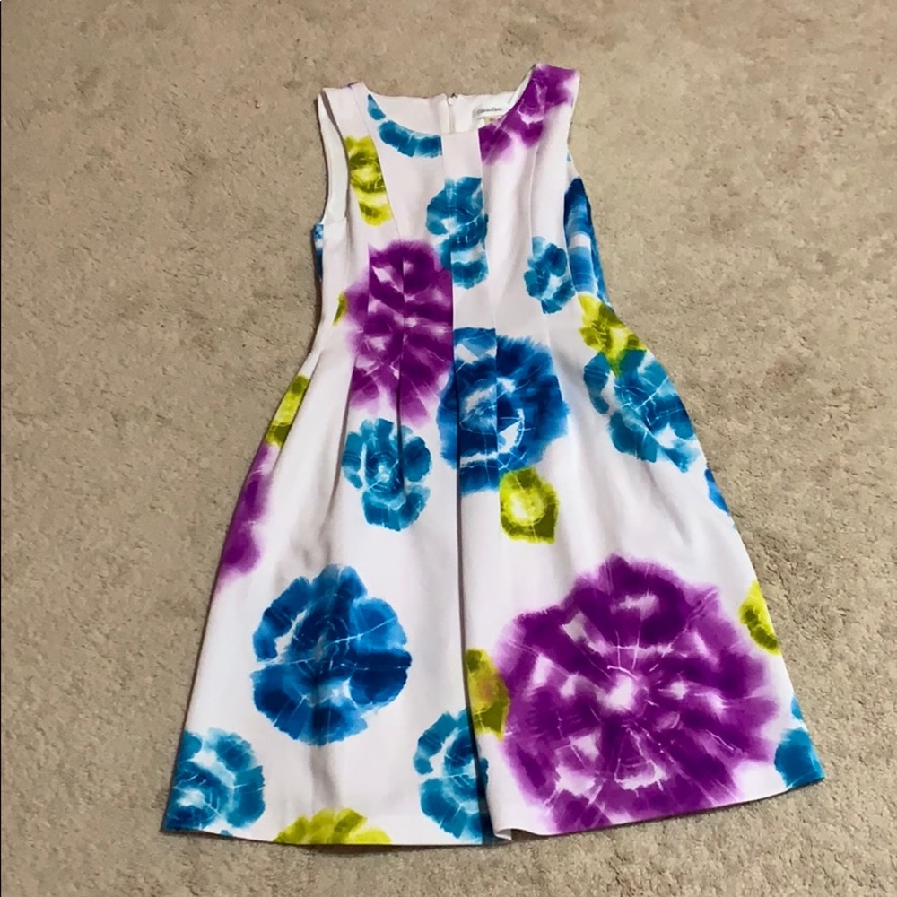 Sleeveless White Floral Fit-and-Flare Dress with Blue & Purple Blooms